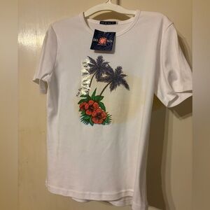 Del Sol White 100% Cotton Tropical Palm & Hibiscus Short Sleeve Tee size Large